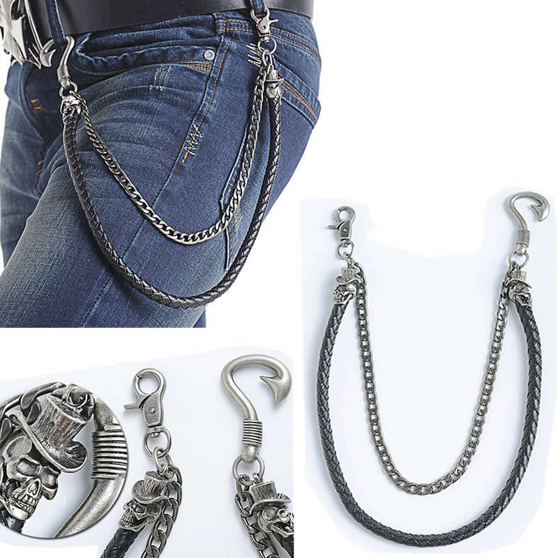 Biker Men PU Leather Metal Double Link Wallet Chains Biker Trucker Punk Jean Ke