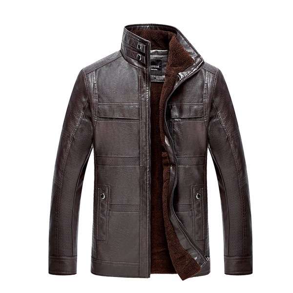 Mens PU Leather Jacket Stand Collar Velvet Thicker Warm Winter Coat Outwear Siz