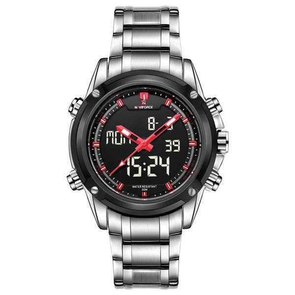 Naviforce 9050 LED Digital Stainless Steel Band Analog Men Wrist Watch