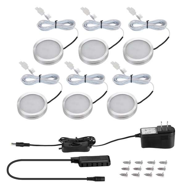 6pcs 2W LED Aluminum Round Ultra Thin Cabinet Colset Night Light Kit with DC12V