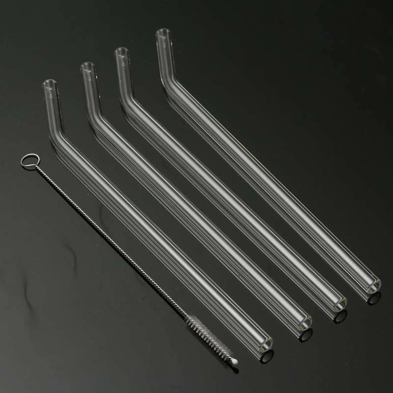 4Pcs 5mm Reusable Clear Bent Glass Drinking Straws Water Juice Straws with Clea
