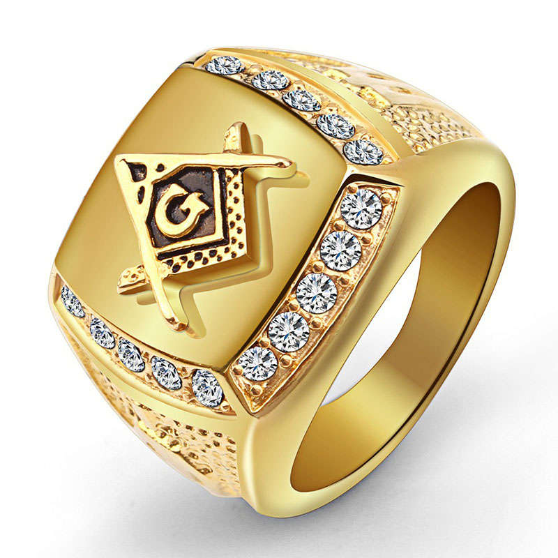 Fashion Gold Titanium Steel Finger Ring Rhinestone Free-Mason Logo Jewelry Gift