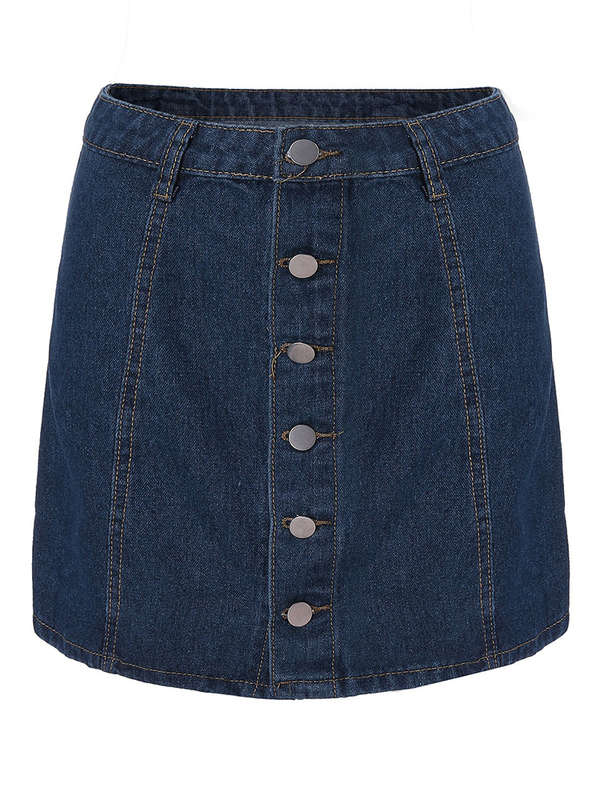 Vintage Casual Women Single Button High Waist Blue Denim Skirt