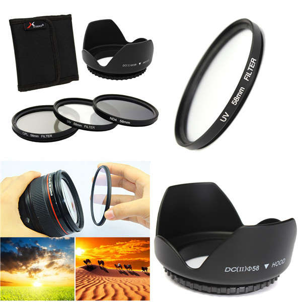 58mm UV CPL ND4 Circular Polarizing Filter Kit Set With Lens Hood For Canon Cam
