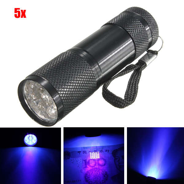 5pcs 385-400nm 9 x UV LED Ultra Violet Flashlight Black AAA