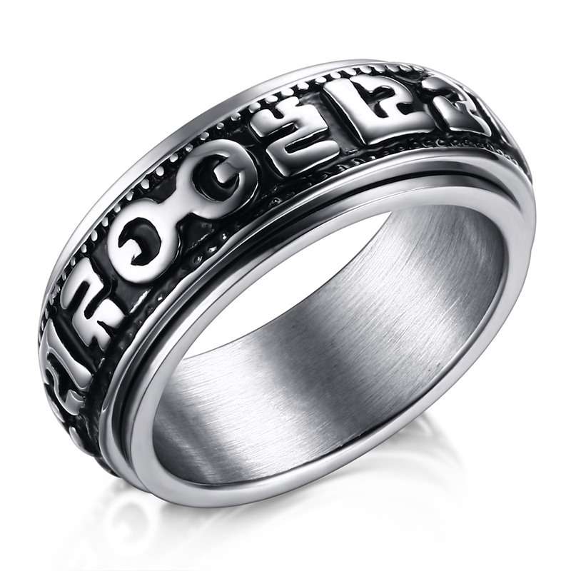 Stainless Steel Rotatable Mantra Men Ring Retro Gothic Finger Ring Unique Jewel