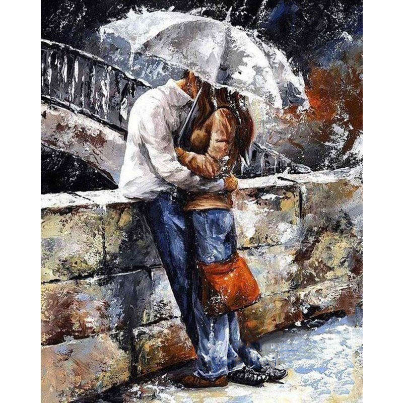 40X50CM Frameless Embracing Lover Under Rainy Day Canvas Linen Canvas Oil Paint
