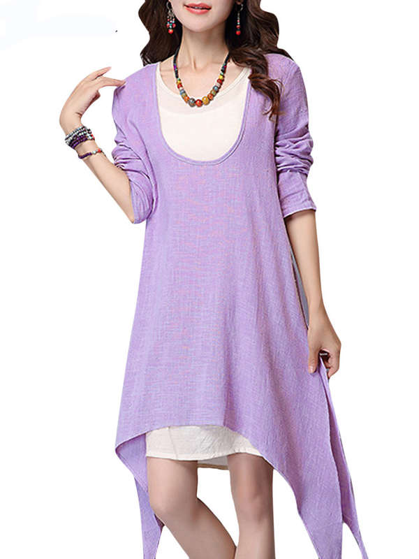O-Newe L-5XL Casual Women Patchwork Fake Two-Piece Irregular Dress