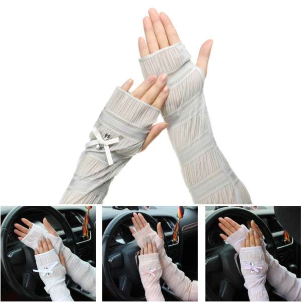 Summer Lady Lace Silk Gloves Printed Long Sleeves Anti-UV Sun Fingerless Arm Mu