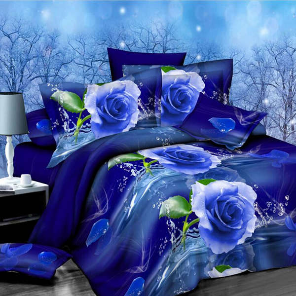 4pcs Suit Polyester Fiber 3D Blue Rose Flower Reactive Dyeing Bedding Sets Quee