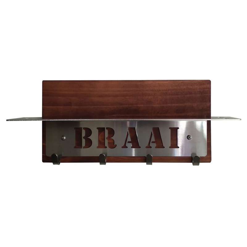 Eboy Steel Braai Utensils Holder with Shelf - 4 Hooks - Stainless Steel