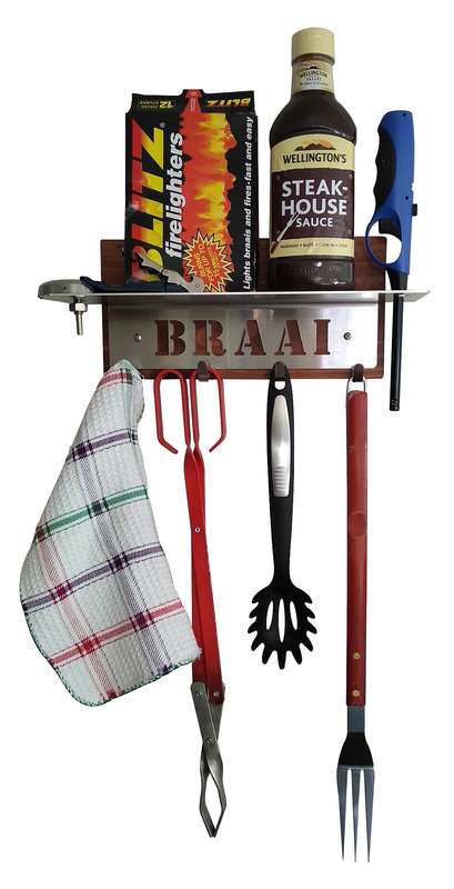 Eboy Steel Braai Utensils Holder with Shelf - 4 Hooks - Stainless Steel