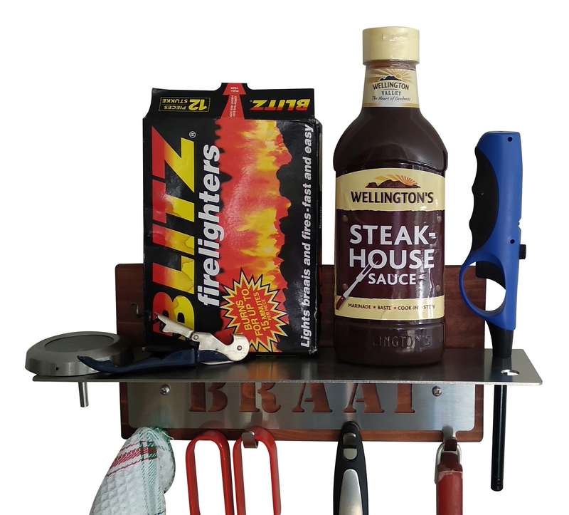 Eboy Steel Braai Utensils Holder with Shelf - 4 Hooks - Stainless Steel