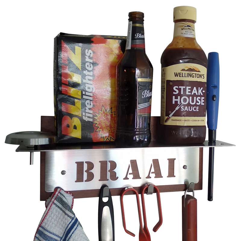 Eboy Steel Braai Utensils Holder with Shelf - 4 Hooks - Stainless Steel