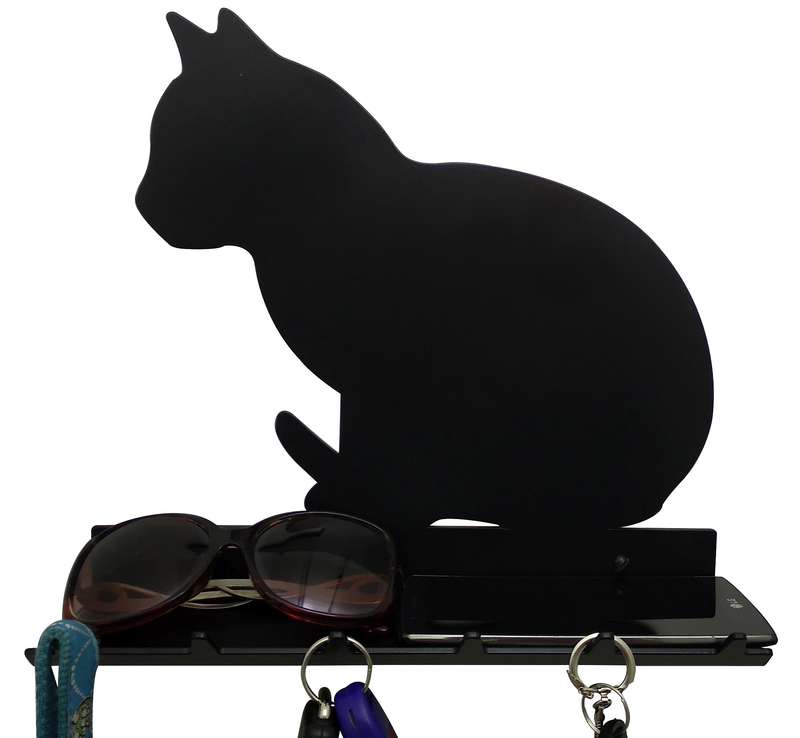 Eboy Steel Cat Sitting Key Rack with Tray - 6 Hooks - Black