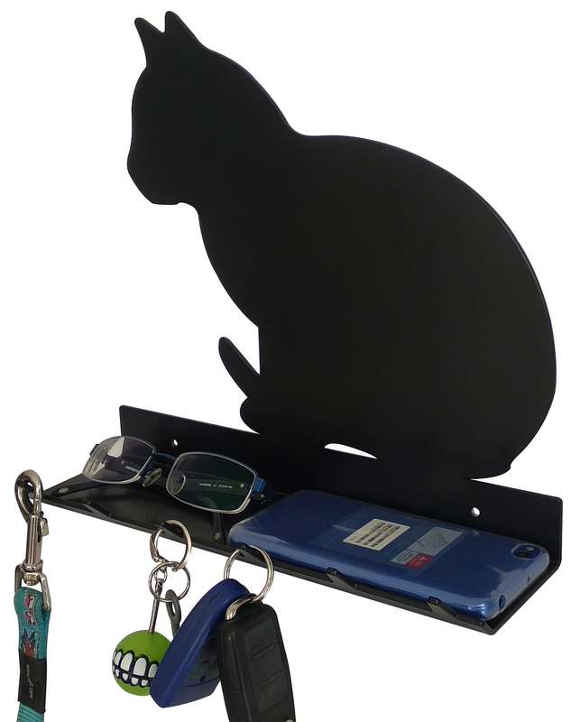 Eboy Steel Cat Sitting Key Rack with Tray - 6 Hooks - Black
