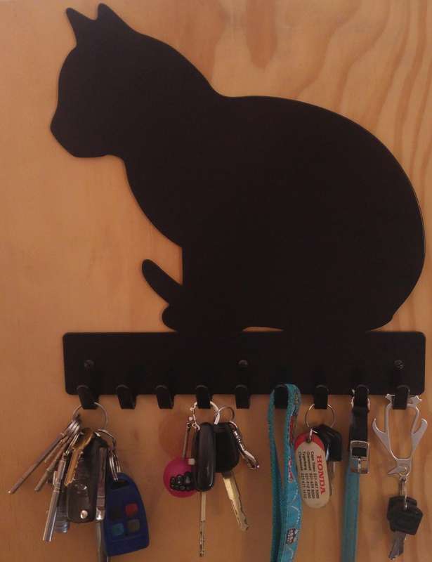 Eboy Steel Cat sitting Key Rack or Leash Hanger - 9 Hooks - Black