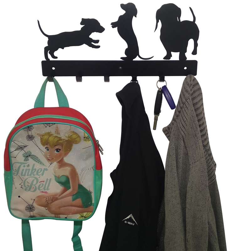 Eboy Steel Dachshund Coat, Keys, Bag or Cap Rack - 6 Hooks - Black