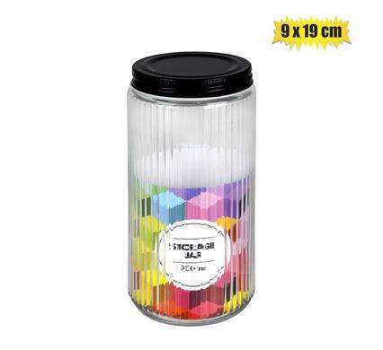 STORAGE-JAR GLS RIBBED W/BLK-LID 9x19cm