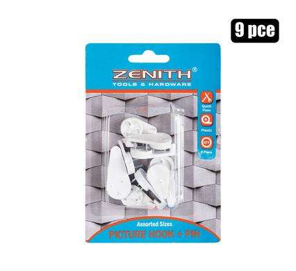 Picture-Hook+Pin Wht 9Pce Asstd   Zenith