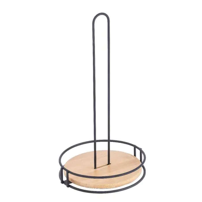 Paper Towel Holder, Black, Bamboo Base