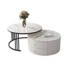 Modern Nesting Round Glass Top Coffee Table with Marble Top 2 Drawer Table