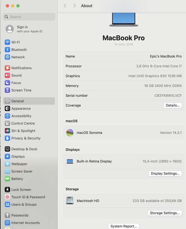 MacBook Pro 15-Inch "Core i7" 2.6GHz (TouchBar, 2019) 16GB RAM 256GB SSD Space Grey (12 Month War...