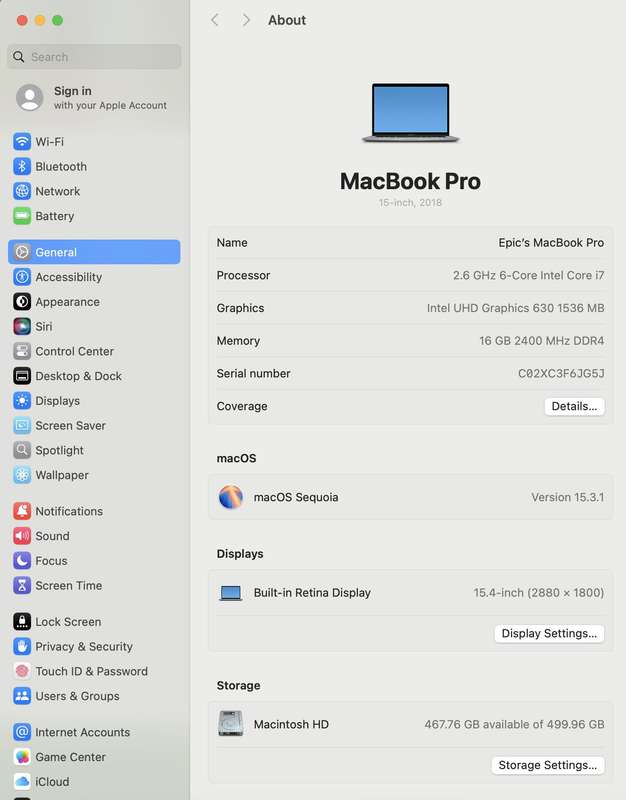MacBook Pro 15-Inch "Core i7" 2.6GHz (Touch/Late2018) 16GB RAM 256GB SSD Bad Battery Space Grey (...