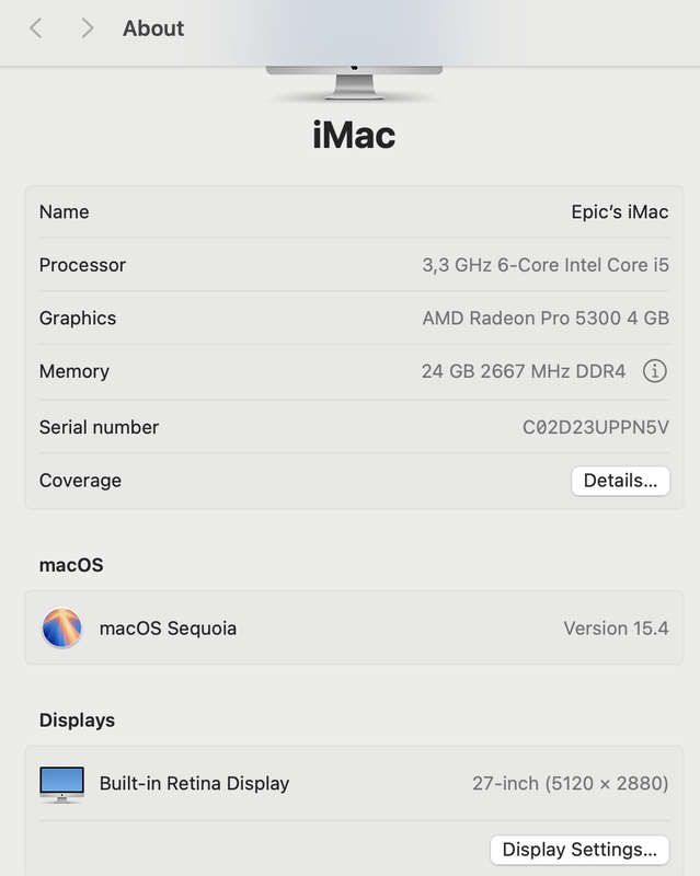iMac 27-Inch Core i5 3.3GHz (Retina 5K, 2020) 24GB RAM 512GB SSD LCD Burn Silver (12 Month ...