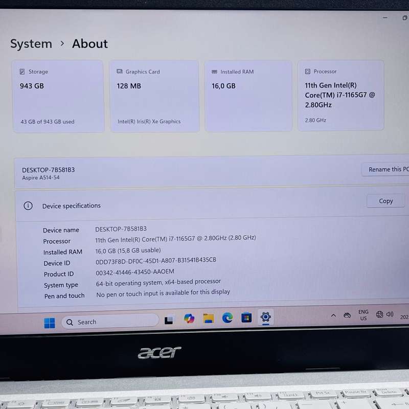 AcerAspire 5 A514-54-77QU 11th Gen 2.80GHz "Core i7" 16GB RAM 500GB SSD And 500GB HDD Silver - N...