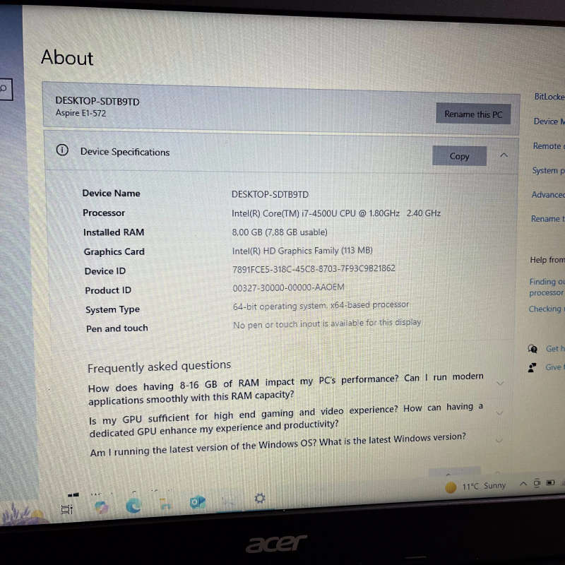 AcerAspire E1-572 4th Gen "Core i7" 1.80GHz 8GB RAM 256GB SSD Black