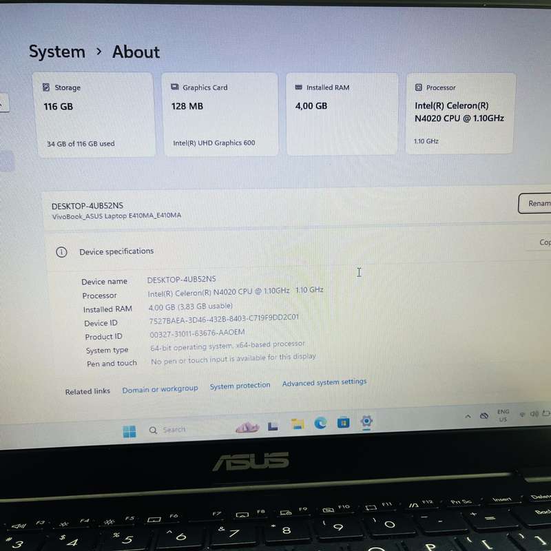 Asus E410M  "Celeron N4020" 4GB RAM 128GB SD Peacock Blue - Faulty Battery And Bright Spots