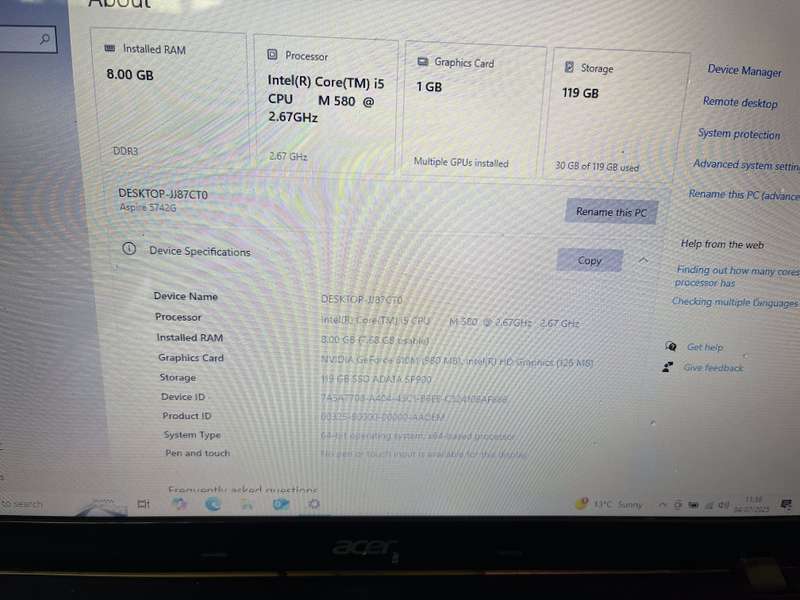 Acer Aspire 5742 "Core i5" 2.67 GHz 8GB RAM 128GB SSD Black - Bright Spots And Faulty Battery