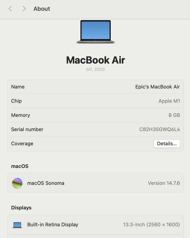 MacBook Air M1 13-Inch 8GPU/7CPU 8GB RAM 256GB SSD (2020) Space Gray (12 Month Warranty) - ...