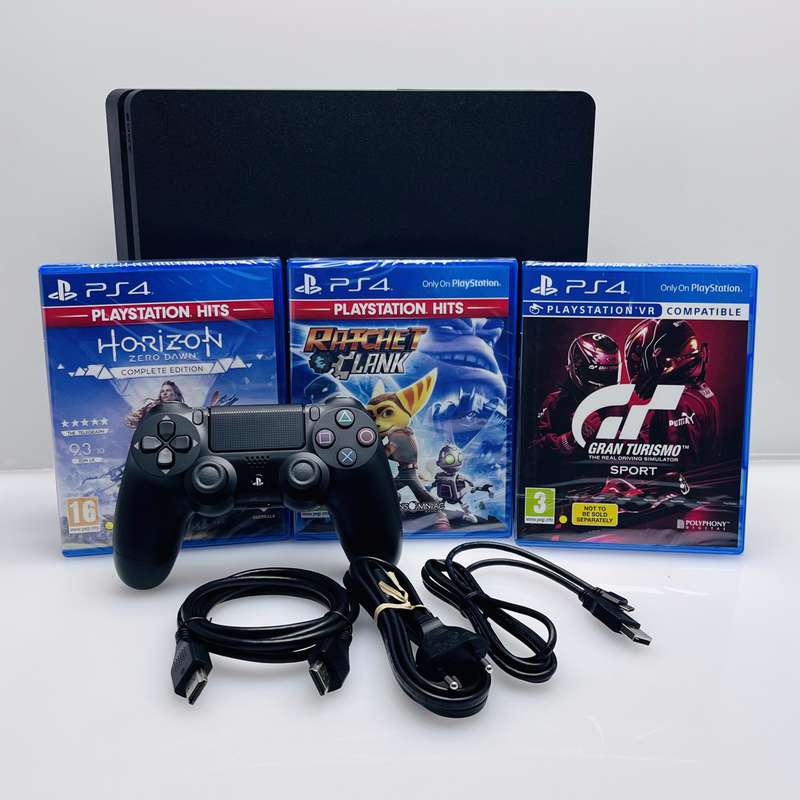 PlayStation 4 Slim Black 500GB + 1 Controller + HDMI Cable + Power Cable + 3  Games (3 Month Warr...