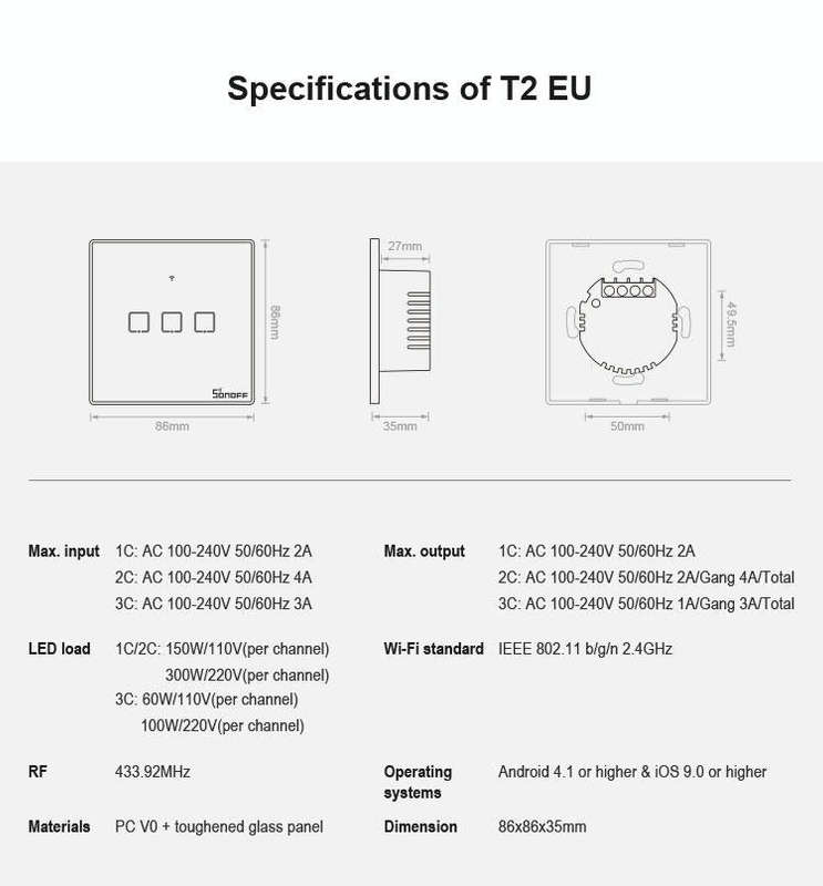 Sonoff T2 EU Smart Touch Wall Switch  86mm Glass Panel, Alexa & Google Home Compatible (100240V)