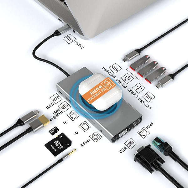 USB-C Multi-Function Docking Station (13-in-1 Hub with 15W Wireless Charger)
