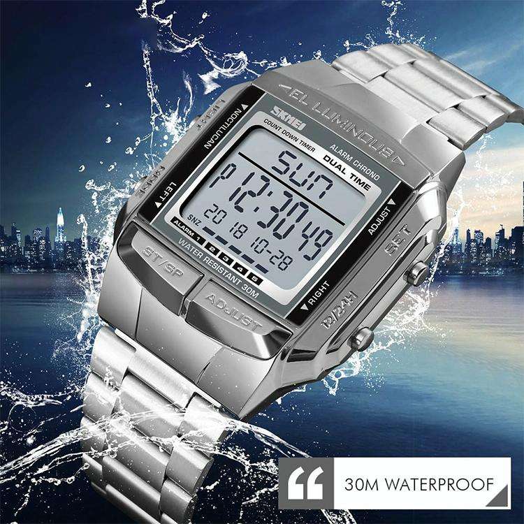 SKMEI 1381 Silver Mens Digital Wristwatch  Multifunction Sport & Business Style