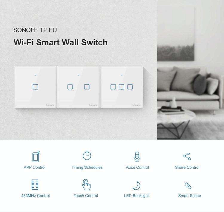 Sonoff T2 EU Smart Touch Wall Switch  86mm Glass Panel, Alexa & Google Home Compatible (100240V)