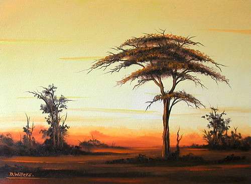 DANE WILLERS Original Oil: African Dusk. Size: 410 X 305mm,Unframed canvas. Gallery Price: R3900.00