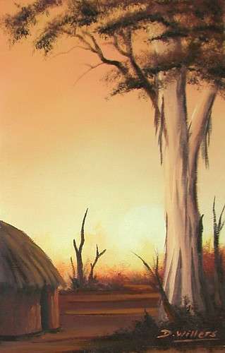 DANE WILLERS African Twilight Scene. Oil on unframed Canvas..  Gallery Price: R4500.00