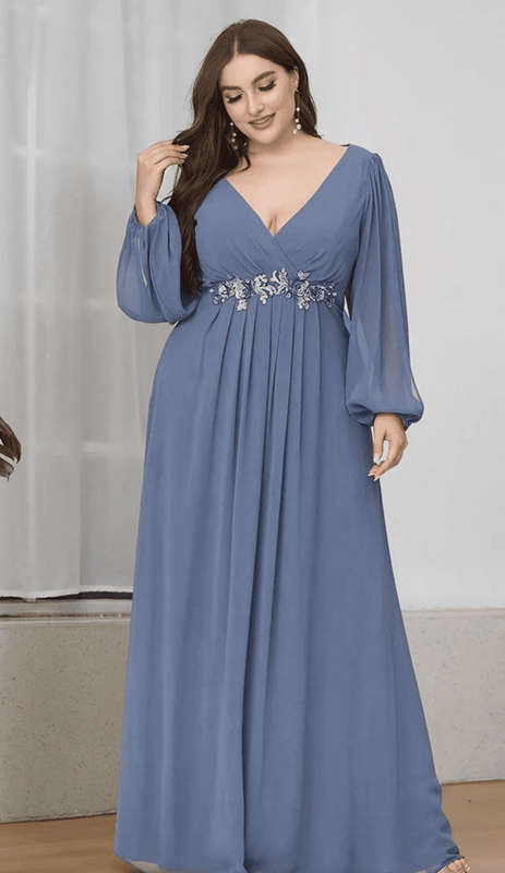 Chiffon Plus Size Evening Dresses with Long Lantern Sleeves