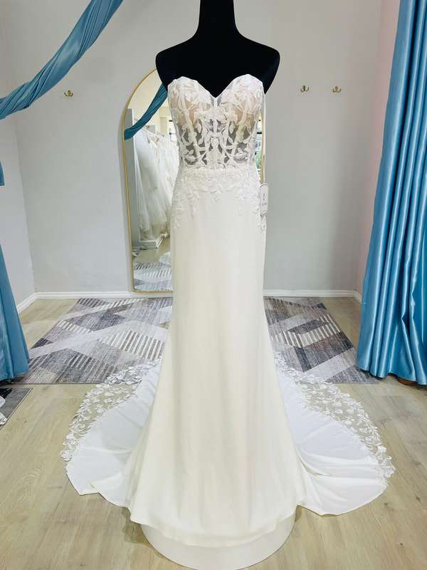 (Rental) Glenda, mermaid corset bodice with lace detail boob-tube crepe wedding dress.