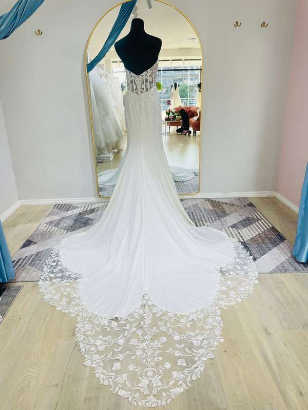 (Rental) Glenda, mermaid corset bodice with lace detail boob-tube crepe wedding dress.