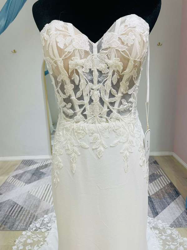 (Rental) Glenda, mermaid corset bodice with lace detail boob-tube crepe wedding dress.