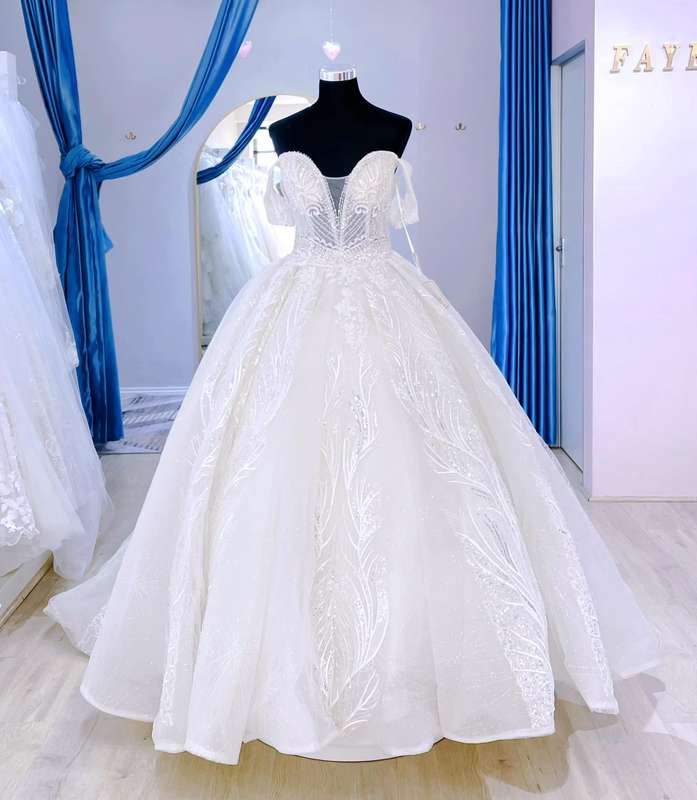 Glitter,off shoulder ballgown wedding dress.