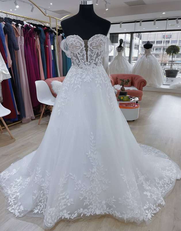 Heaven , tulle of-shoulder corset bodice A-line wedding dress.