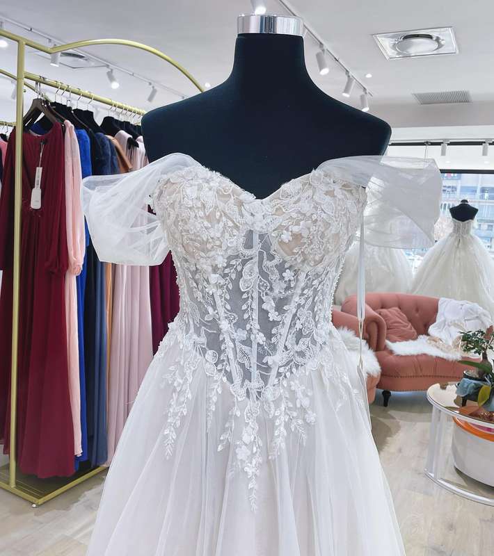 (Rental) Cora, tulle A-line off shoulder wedding dress.