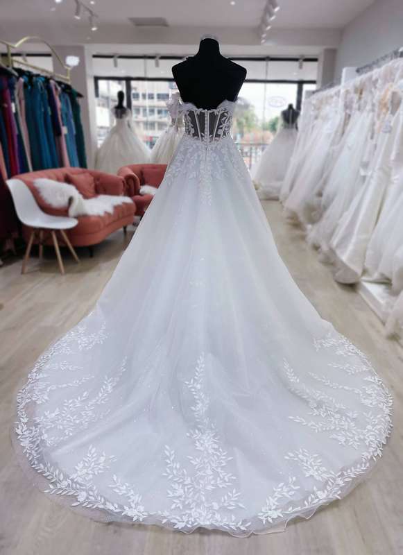 (Rental) Heaven , tulle of-shoulder corset bodice A-line wedding dress.