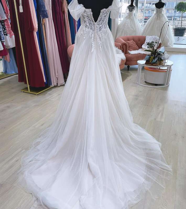 (Rental) Cora, tulle A-line off shoulder wedding dress.